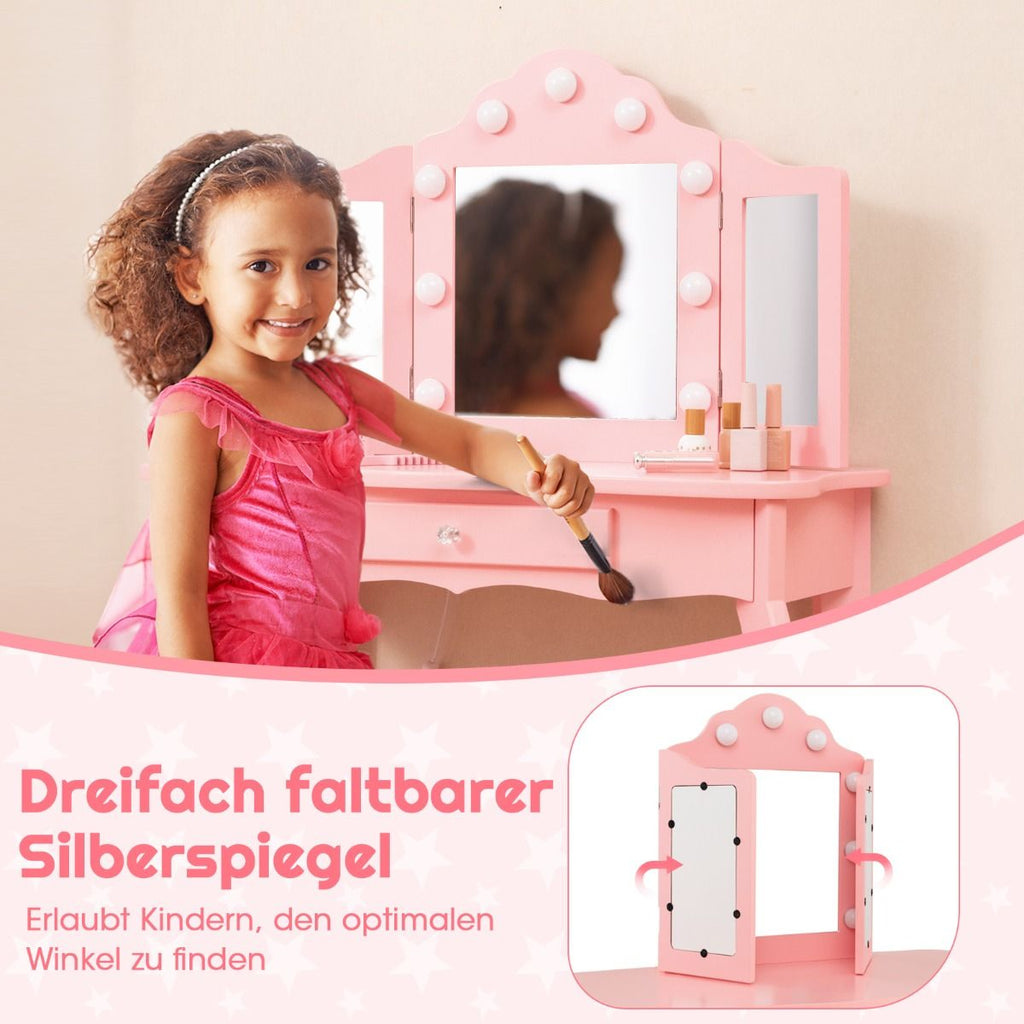 2 in 1 Kinder Schminktisch Mit Led-Leuchten & Klappbarem Spiegel & Schubladen Rosa