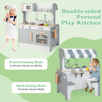 Double Sided Kids Pretend Kitchen Playset with 2-Seat Cafe