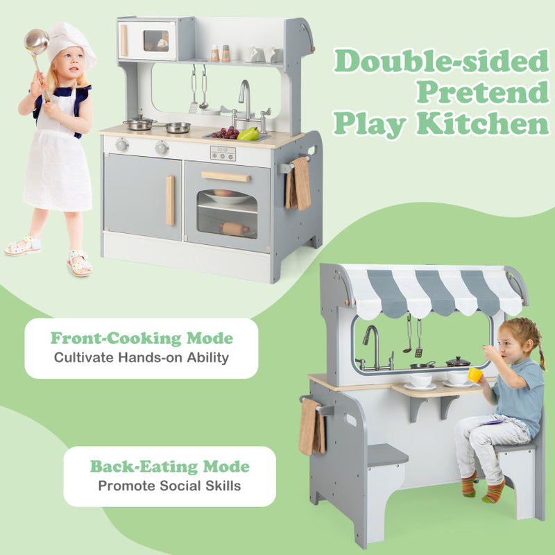 Double Sided Kids Pretend Kitchen Playset with 2-Seat Cafe