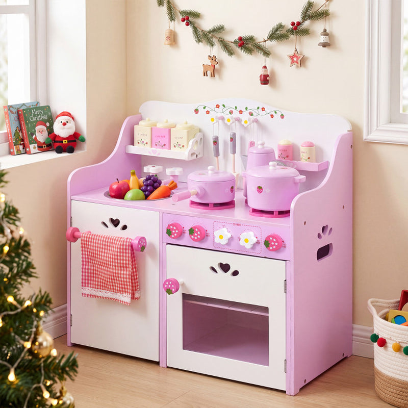 Kids Wooden Kitchen Toy Strawberry Pretend Cooking Playset