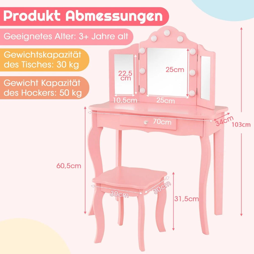 2 in 1 Kinder Schminktisch Mit Led-Leuchten & Klappbarem Spiegel & Schubladen Rosa