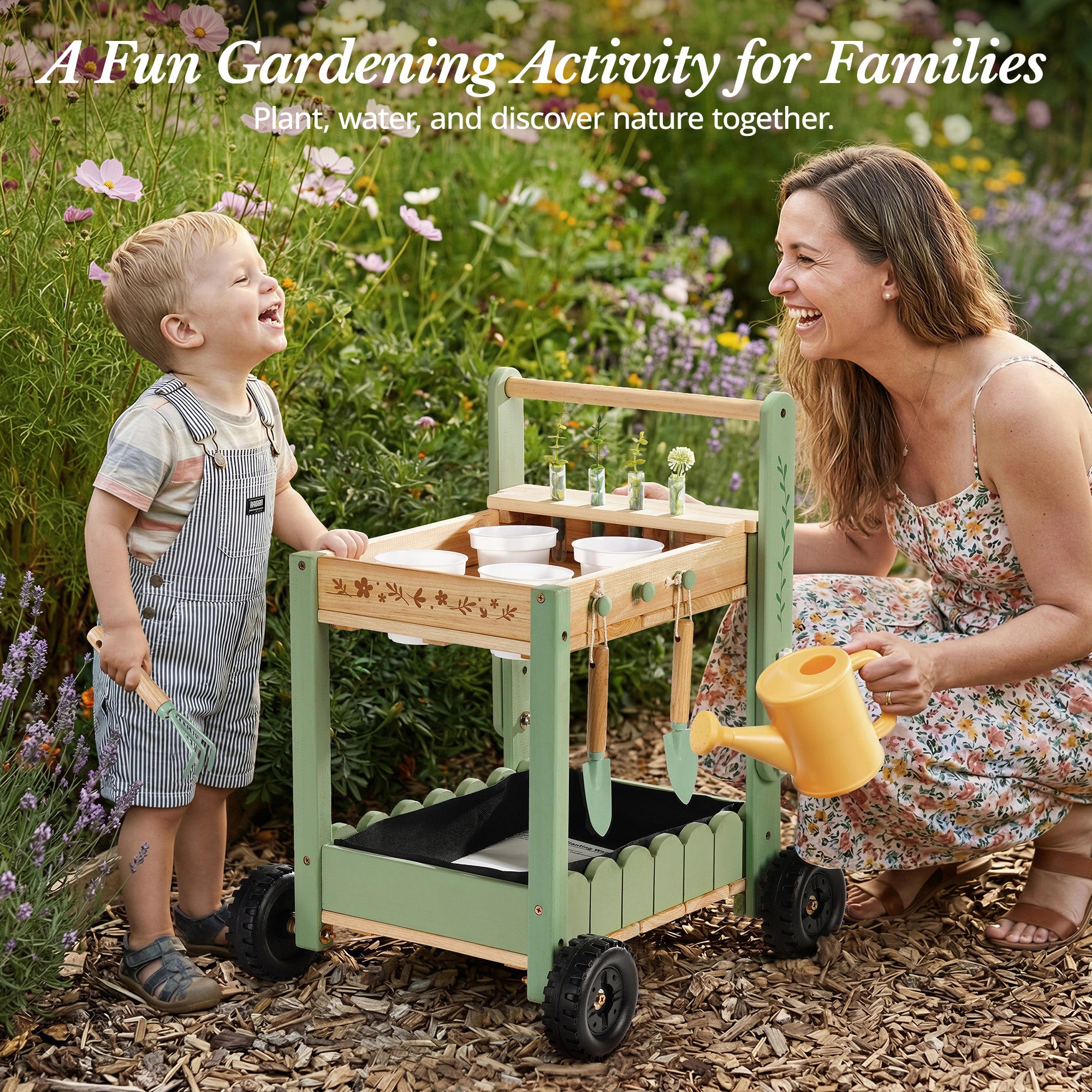 Kinder-Gartenset mit Holztrolley