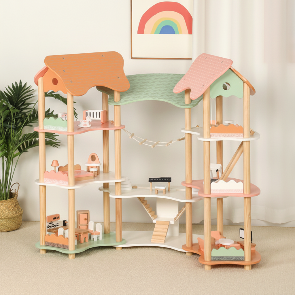 DIY Holz Puppenhaus Kinder mit Möbeln – 3-stöckiges Dollhouse Spielhaus ab 3 Jahren | SproutHands™
