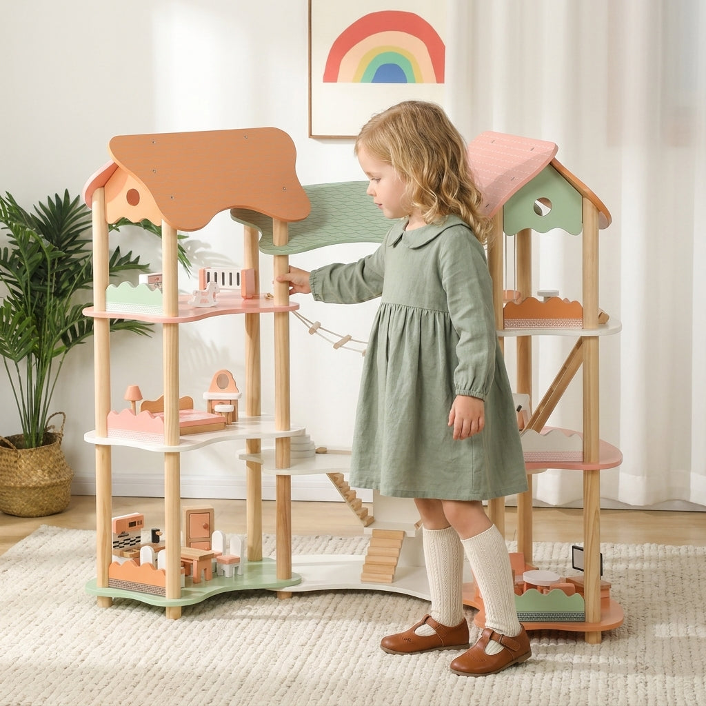 DIY Holz Puppenhaus Kinder mit Möbeln – 3-stöckiges Dollhouse Spielhaus ab 3 Jahren | SproutHands™