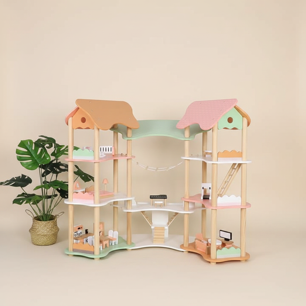 DIY Holz Puppenhaus Kinder mit Möbeln – 3-stöckiges Dollhouse Spielhaus ab 3 Jahren | SproutHands™