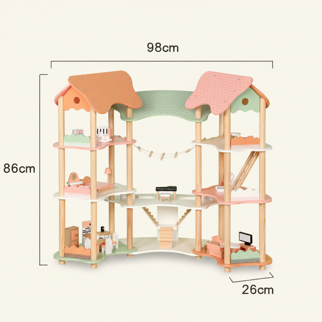 DIY Holz Puppenhaus Kinder mit Möbeln – 3-stöckiges Dollhouse Spielhaus ab 3 Jahren | SproutHands™