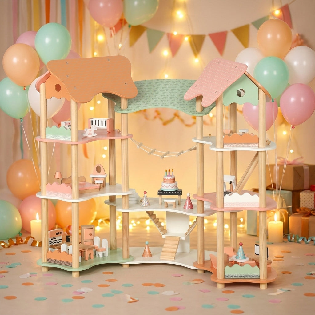 DIY Holz Puppenhaus Kinder mit Möbeln – 3-stöckiges Dollhouse Spielhaus ab 3 Jahren | SproutHands™