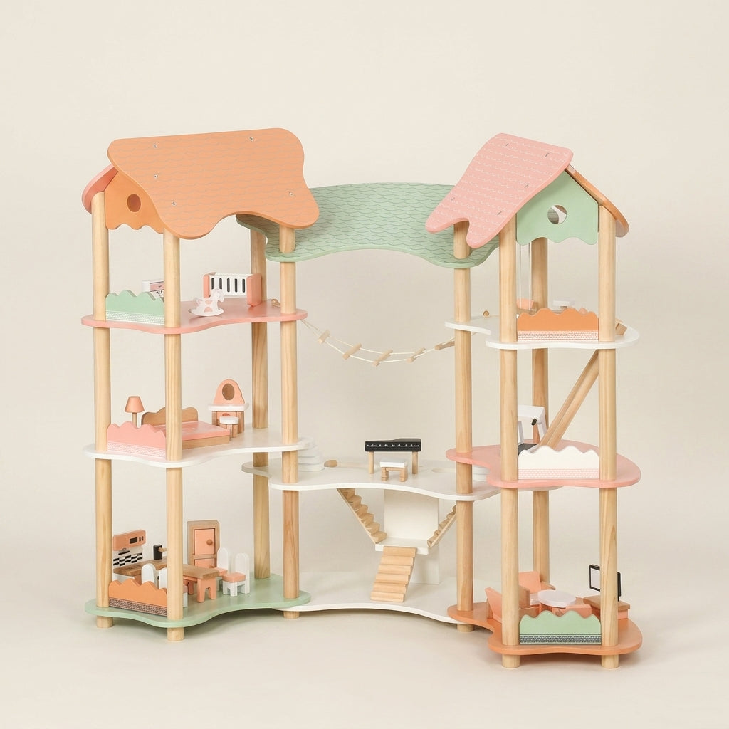 DIY Holz Puppenhaus Kinder mit Möbeln – 3-stöckiges Dollhouse Spielhaus ab 3 Jahren | SproutHands™