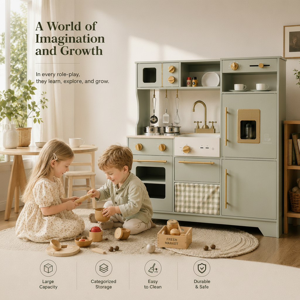 Holzspielküche in Salbeigrün — Traumküche für kleine Köche SproutHands™