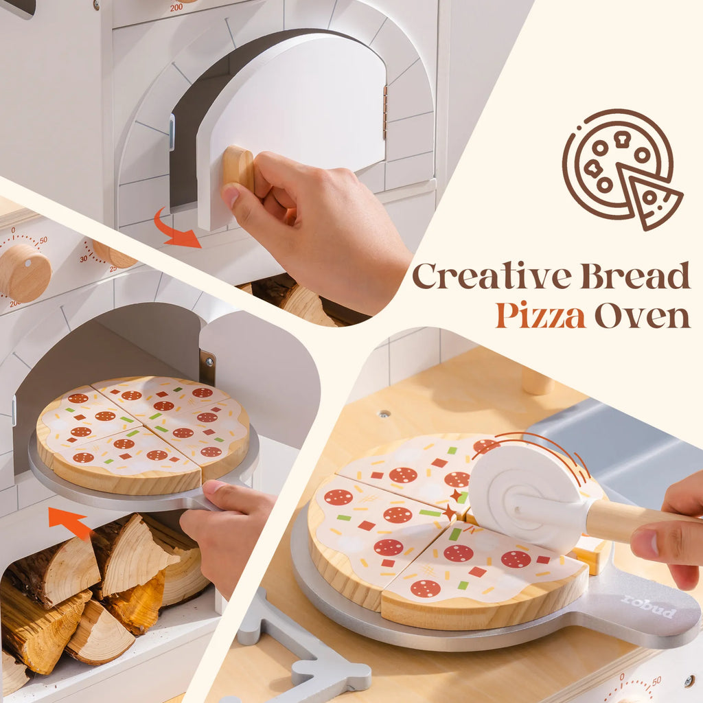 Hölzerne Spielküche für Kinder mit Pizzaofen