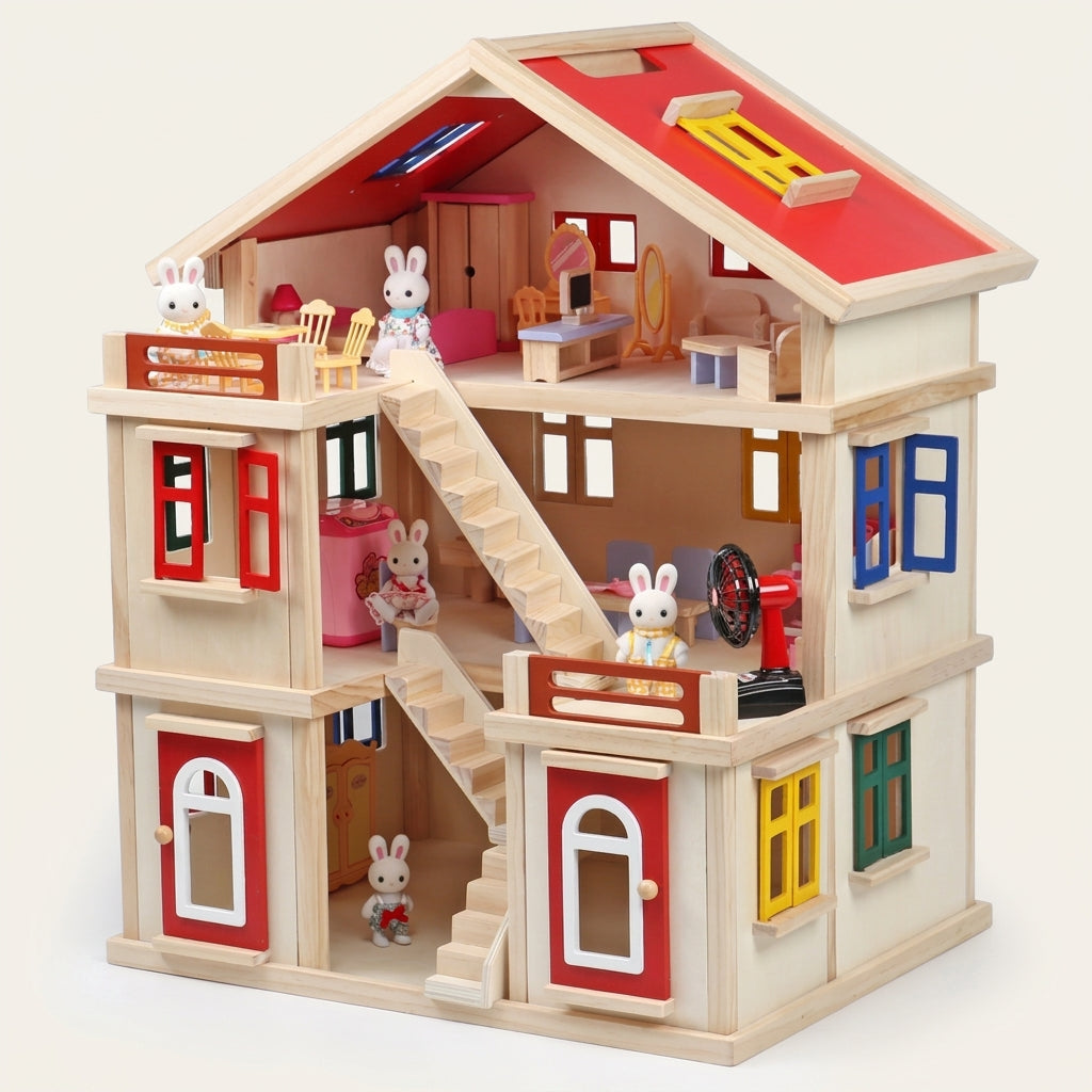 Maison de Poupée en Bois Villa à 3 Étages SproutHands™ – Design Ouvert & Mobilier Inclus