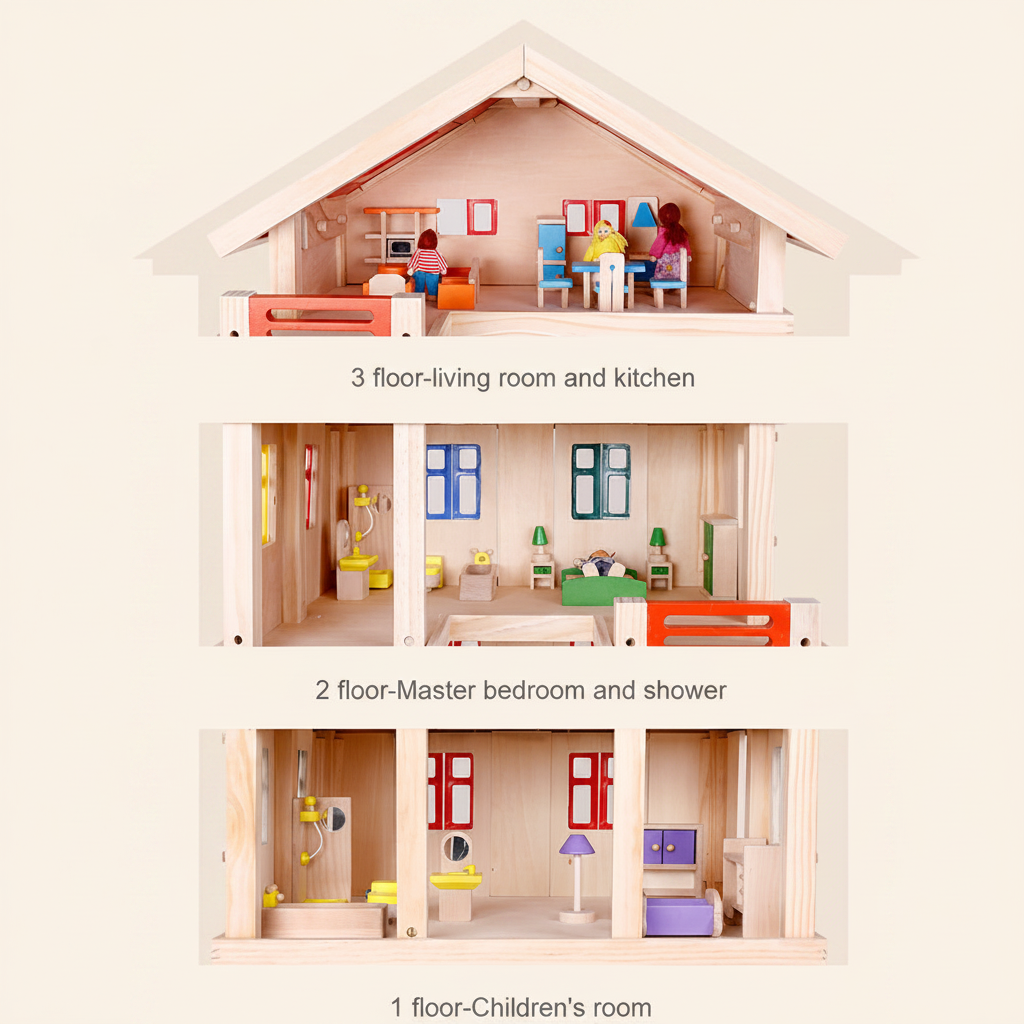 Maison de Poupée en Bois Villa à 3 Étages SproutHands™ – Design Ouvert & Mobilier Inclus