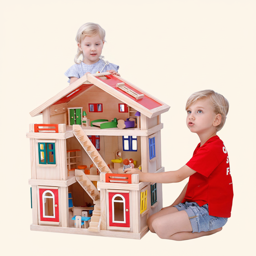 Maison de Poupée en Bois Villa à 3 Étages SproutHands™ – Design Ouvert & Mobilier Inclus