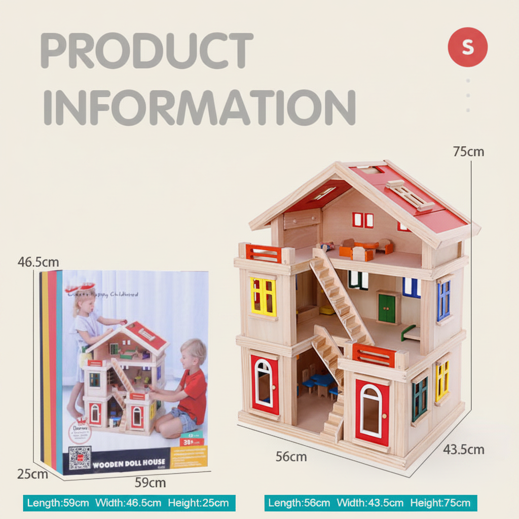 Maison de Poupée en Bois Villa à 3 Étages SproutHands™ – Design Ouvert & Mobilier Inclus