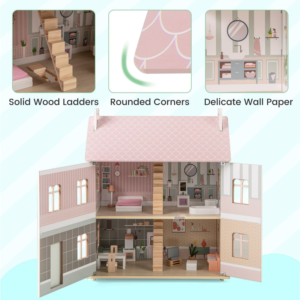 Maison de poupée en bois à 3 niveaux avec meubles SproutHands™