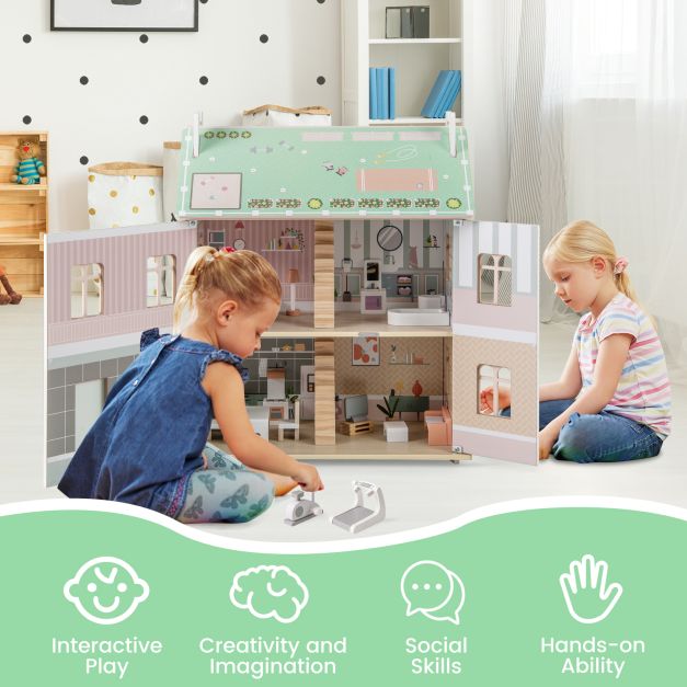 Maison de poupée en bois à 3 niveaux avec meubles SproutHands™