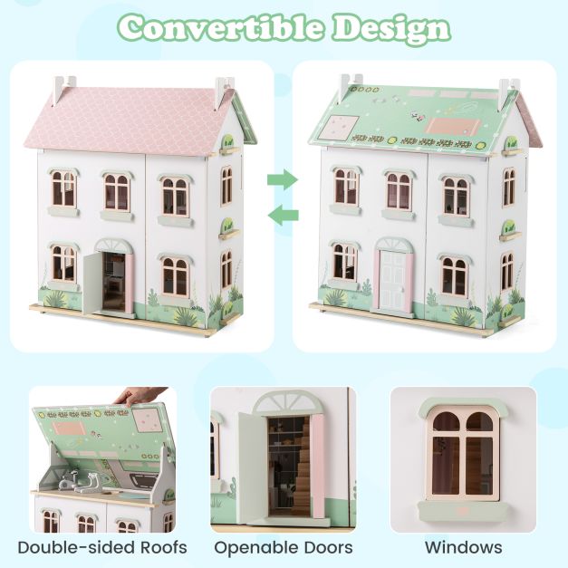 Maison de poupée en bois à 3 niveaux avec meubles SproutHands™