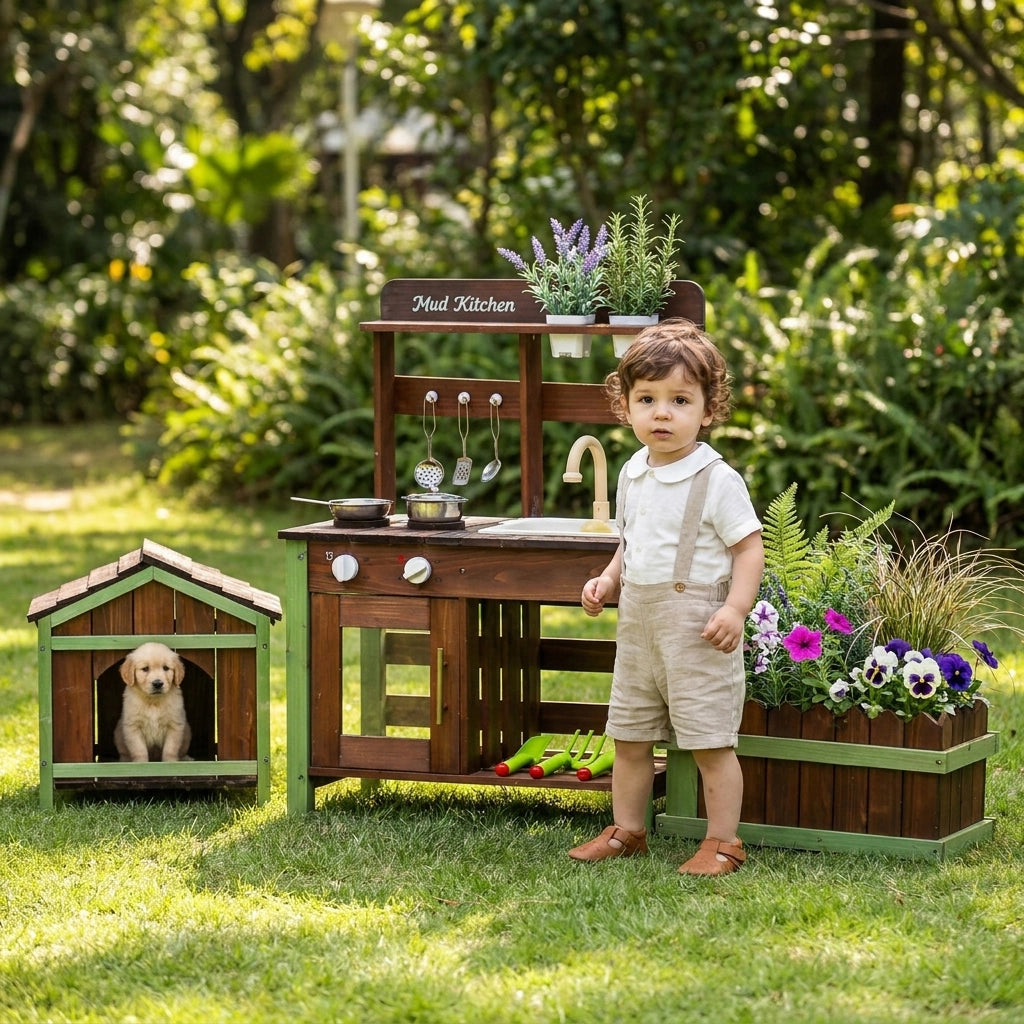 Wooden Outdoor Kitchen & Pet House Play Set SproutHands™