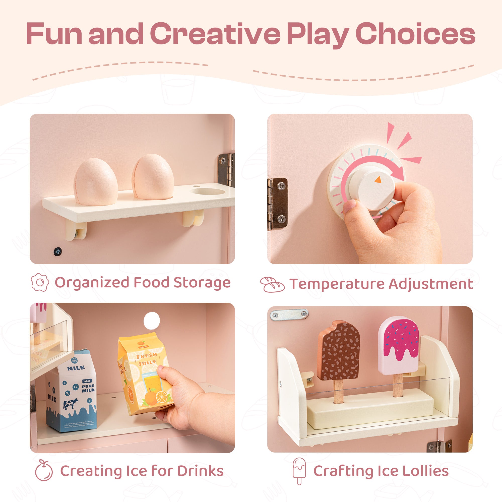 Pink Wooden Play Refrigerator for Kids SproutHands™