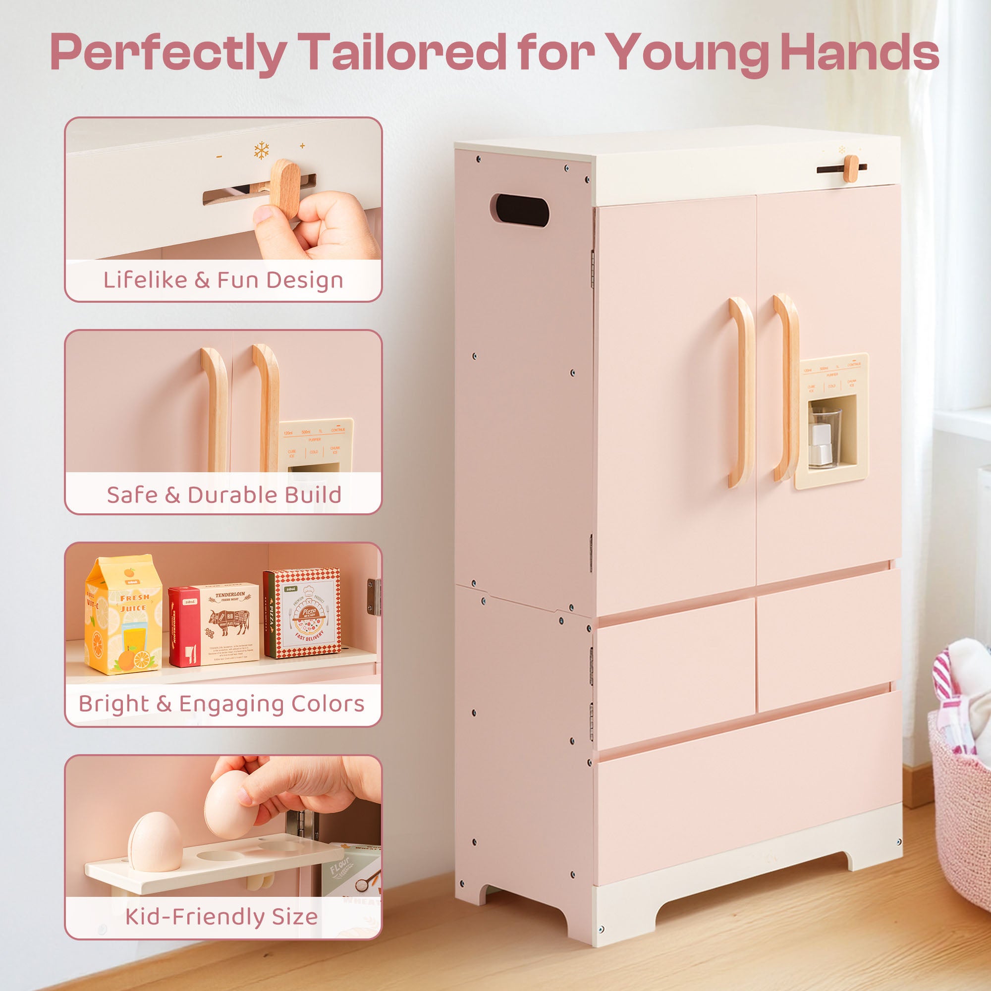 Pink Wooden Play Refrigerator for Kids SproutHands™