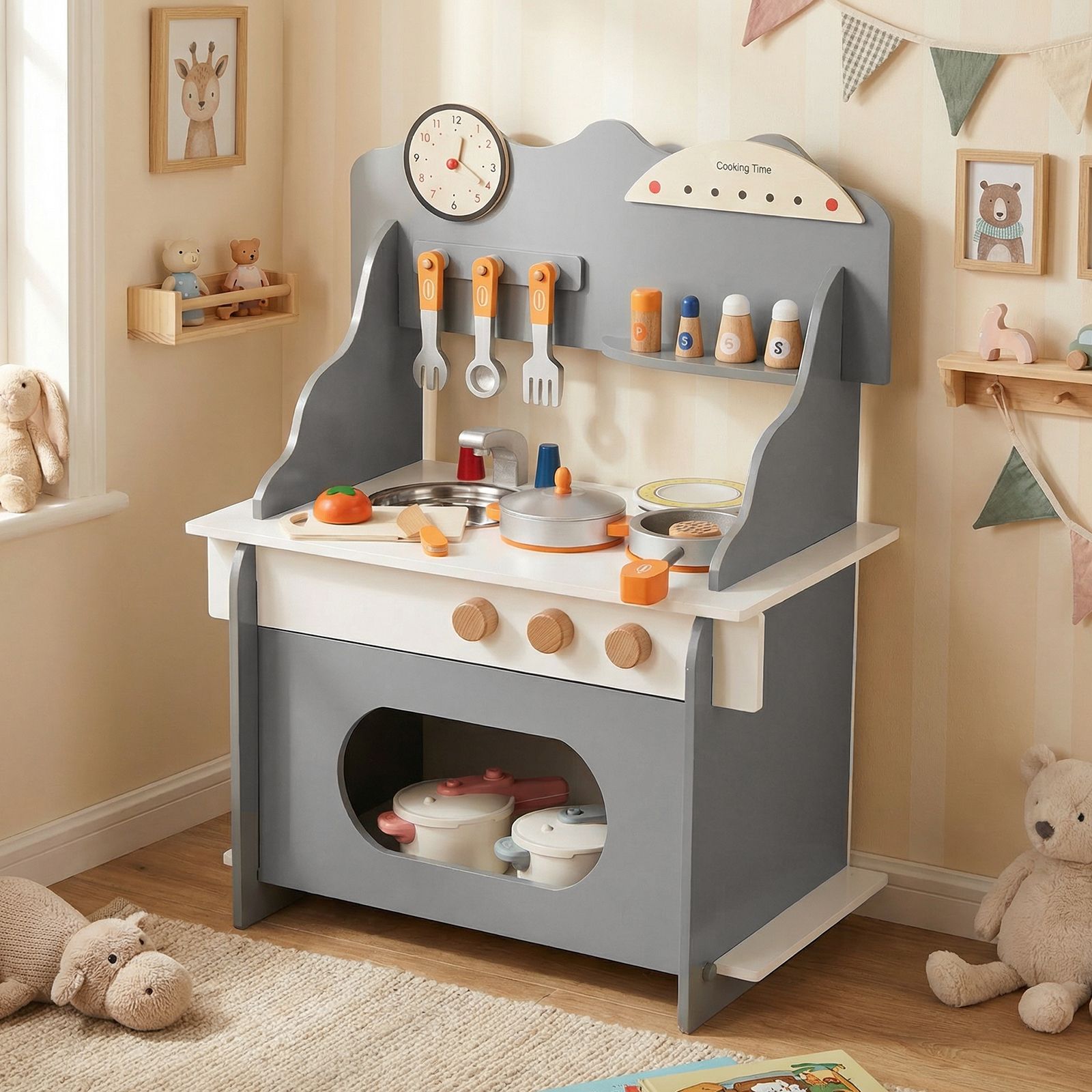 Wooden Play Kitchen Set with Clock & Spice Rack SproutHands™
