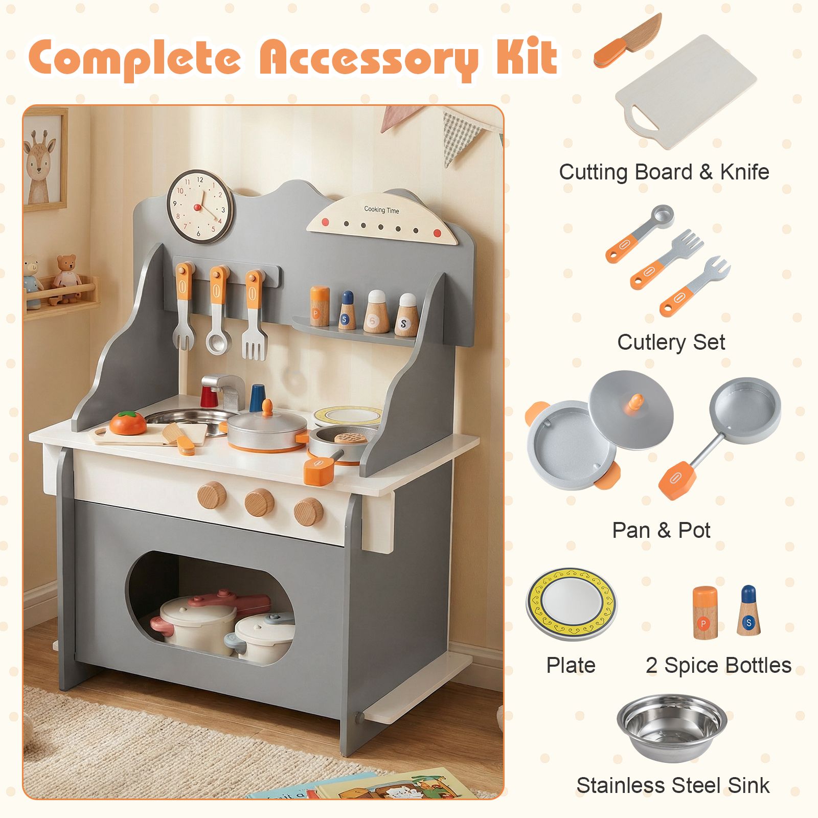 Wooden Play Kitchen Set with Clock & Spice Rack SproutHands™