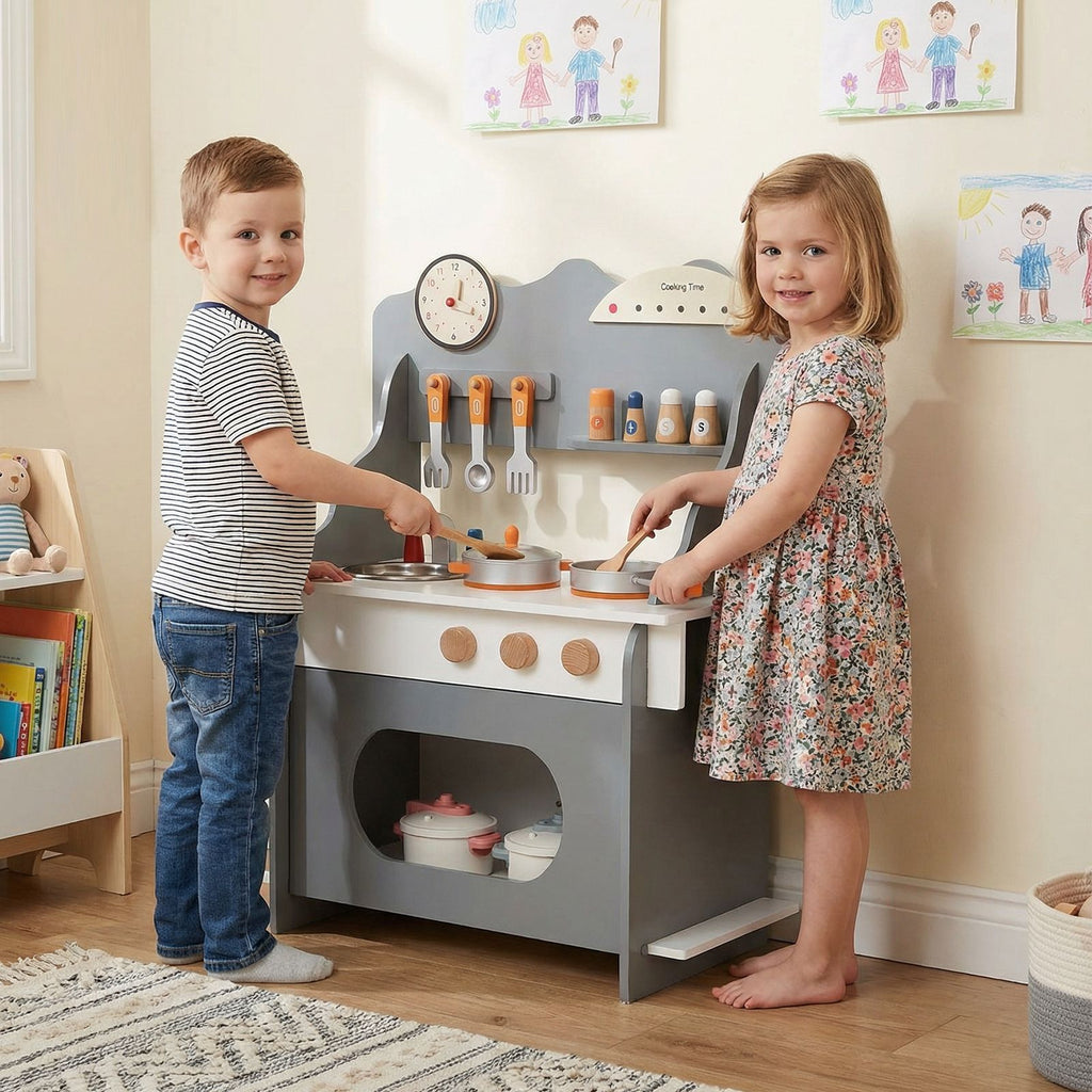 Wooden Play Kitchen Set with Clock & Spice Rack SproutHands™