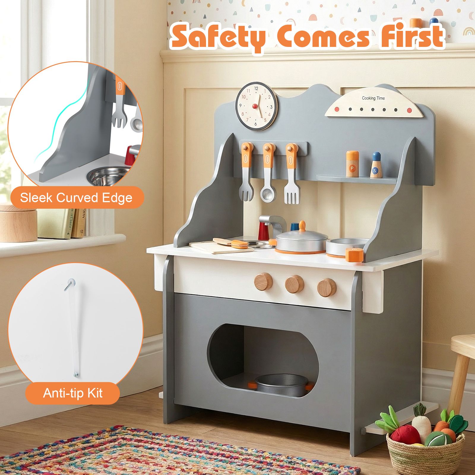 Wooden Play Kitchen Set with Clock & Spice Rack SproutHands™