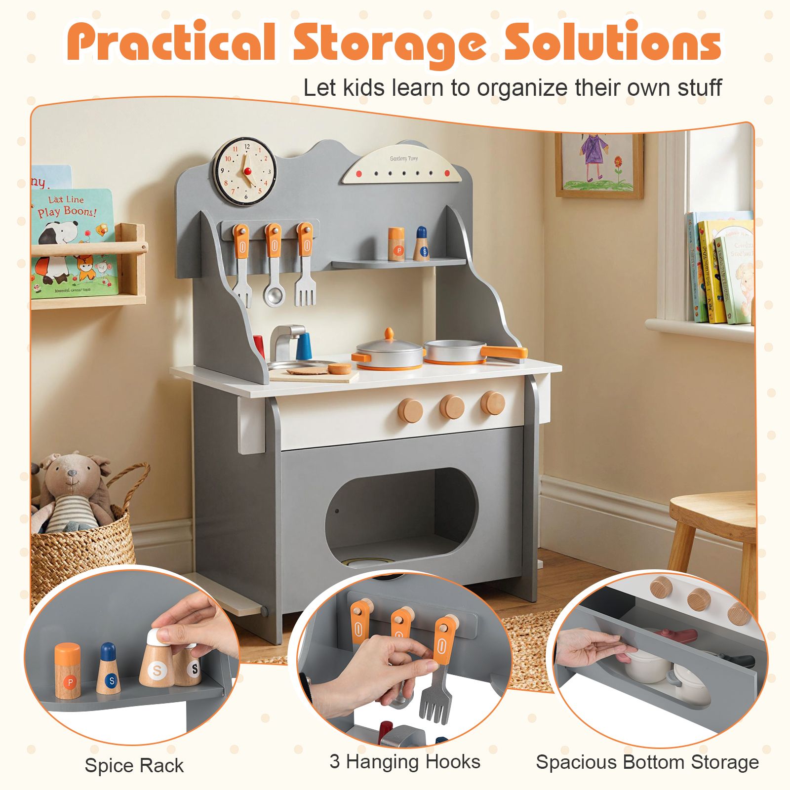 Wooden Play Kitchen Set with Clock & Spice Rack SproutHands™