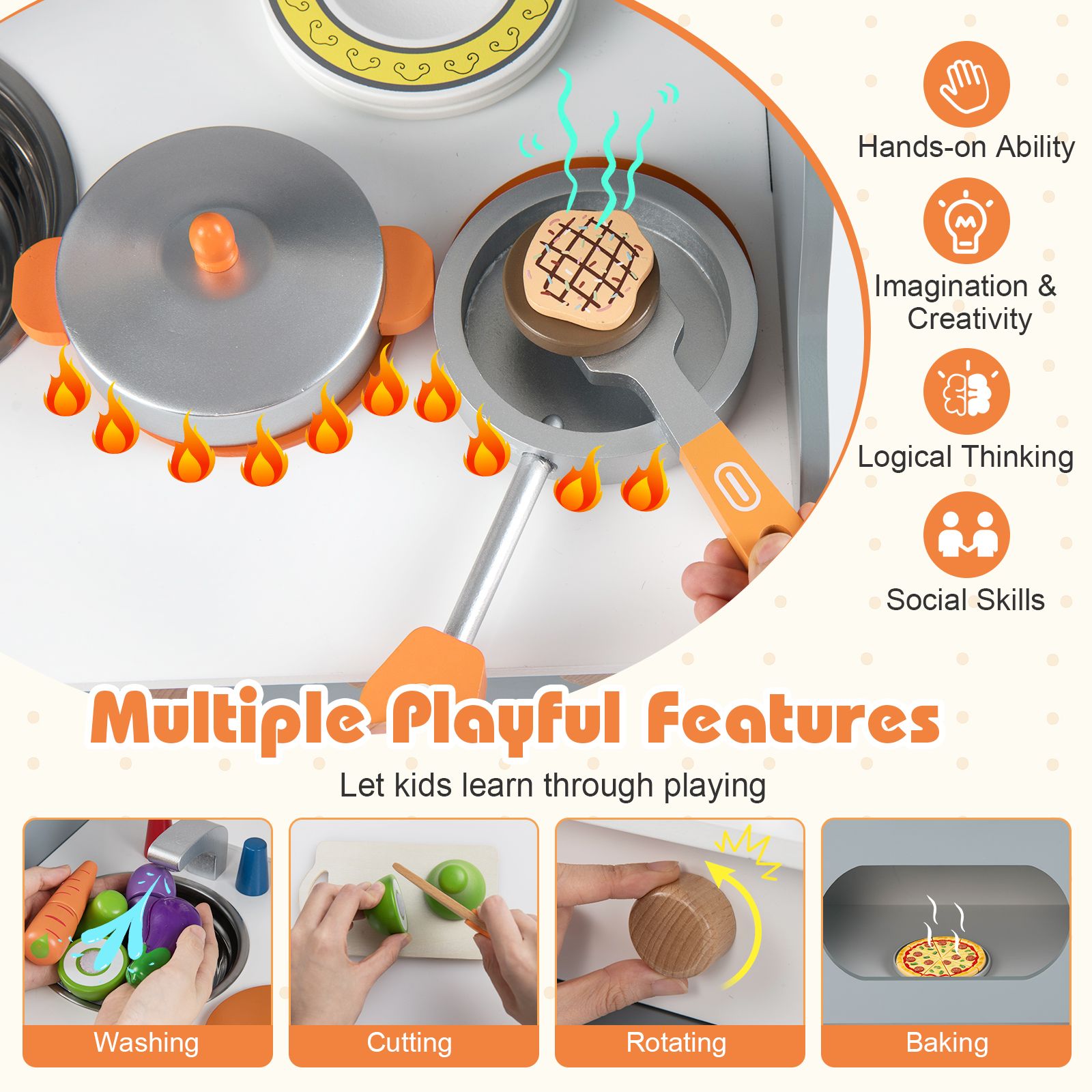 Wooden Play Kitchen Set with Clock & Spice Rack SproutHands™