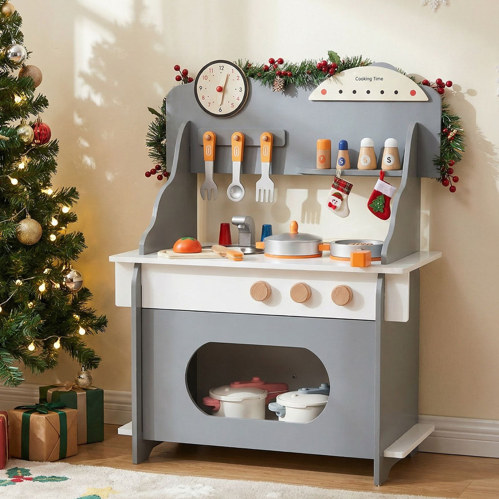 Wooden Play Kitchen Set with Clock & Spice Rack SproutHands™