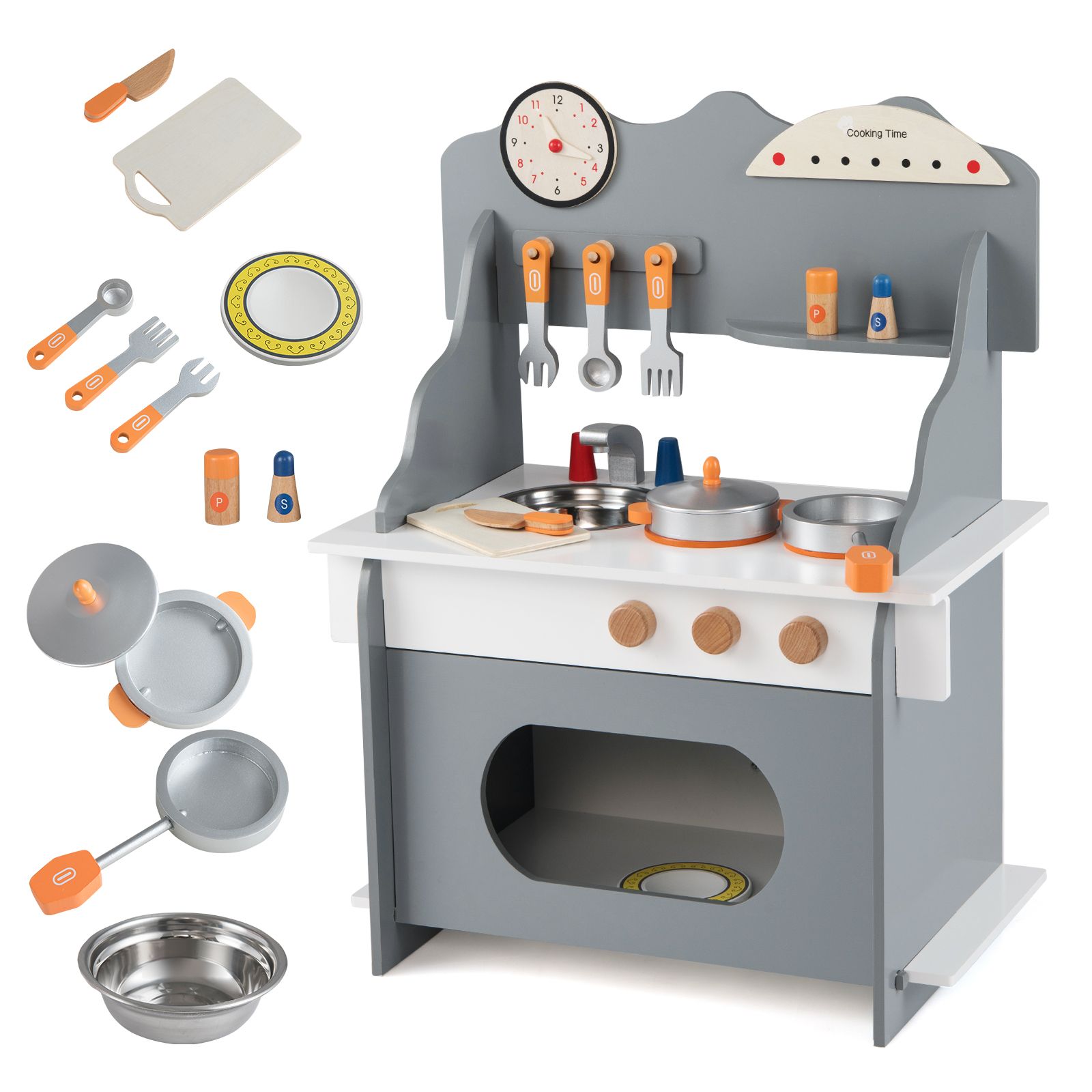 Wooden Play Kitchen Set with Clock & Spice Rack SproutHands™